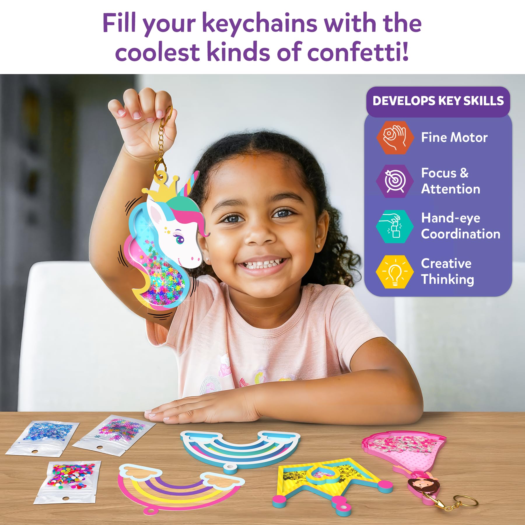 Skillmatics Shake-its foam shapes showcase vibrant unicorns for playful crafting.
