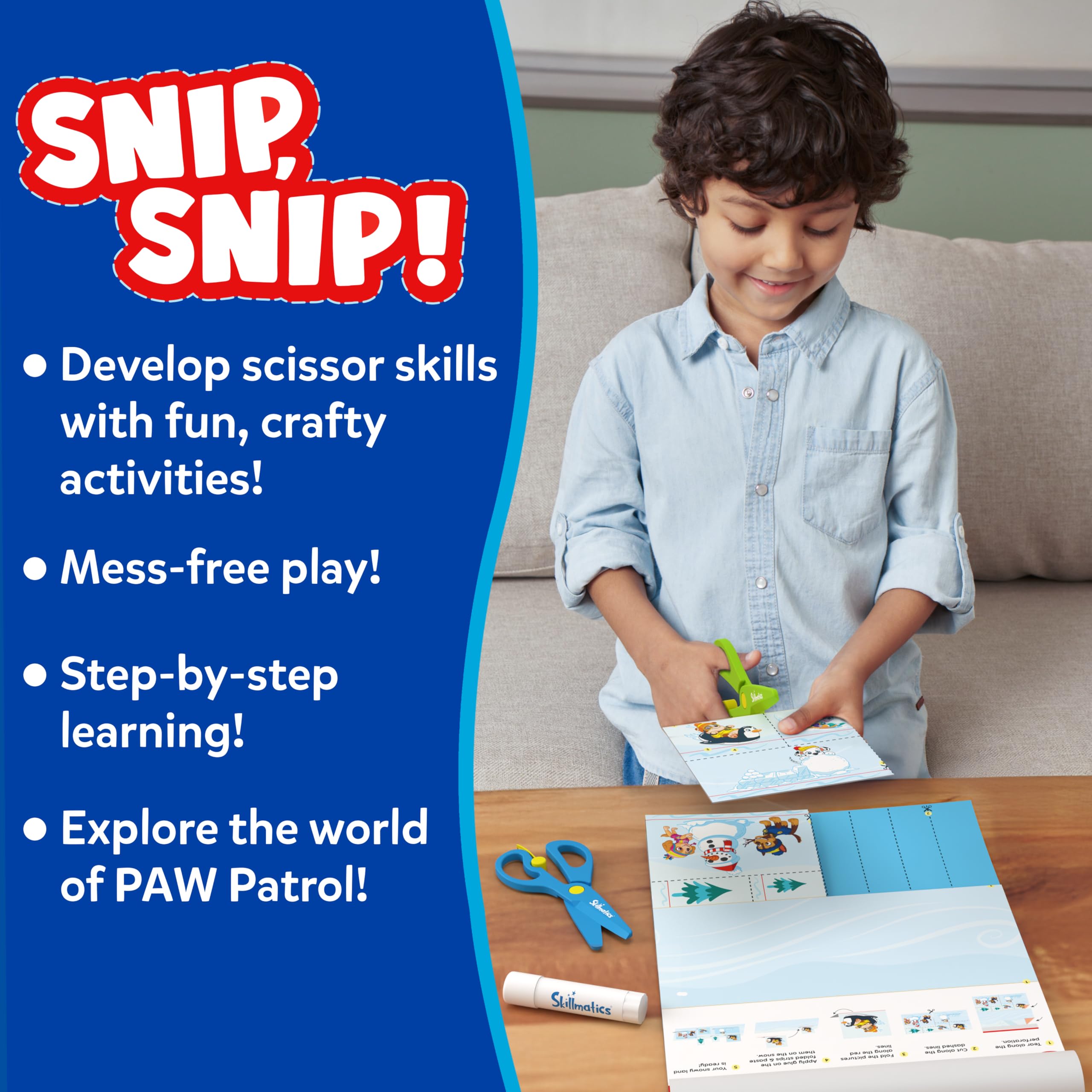 Paw Patrol booklet page showing cuts encouraging careful line tracing.