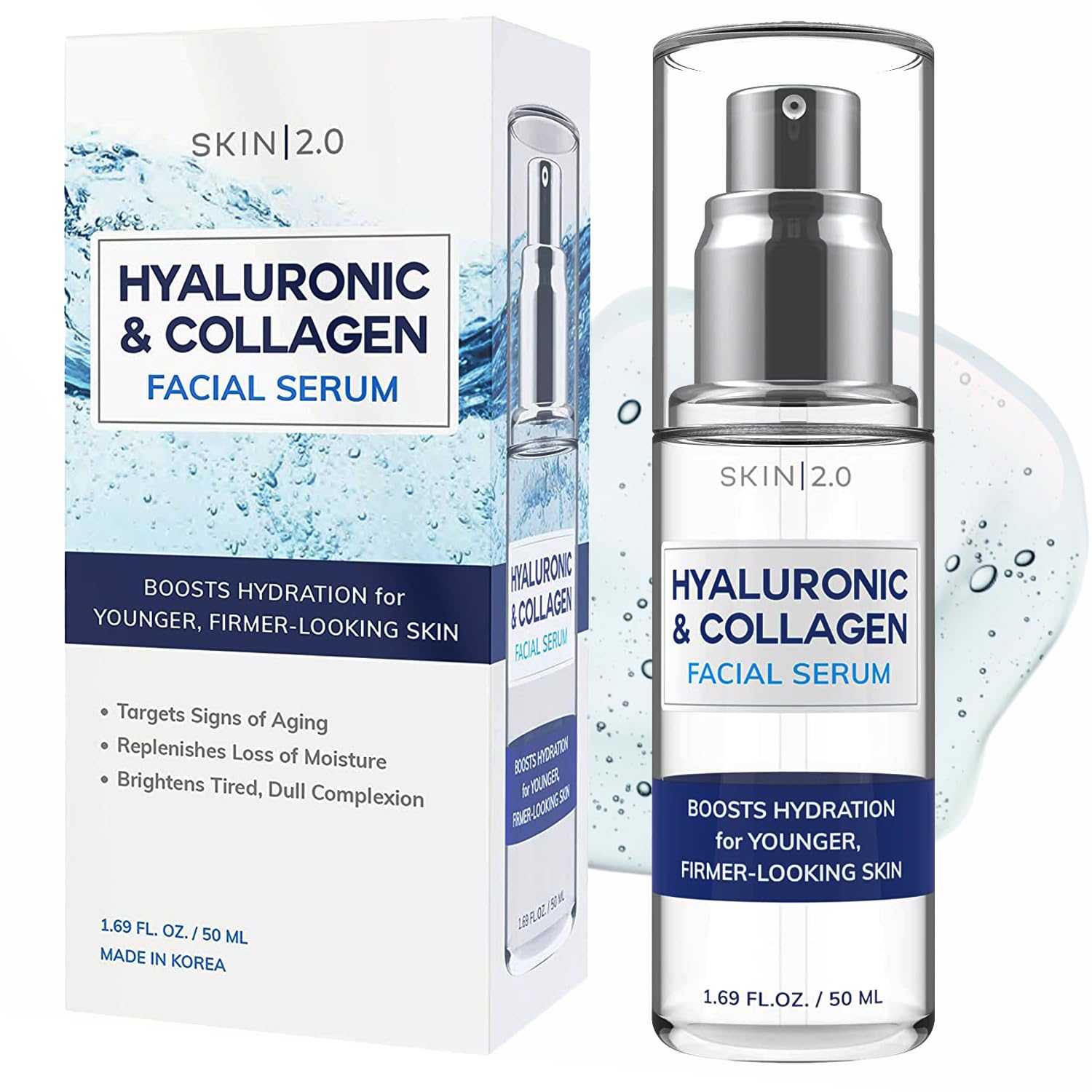 Skin 2.0 Hyaluronic Acid and Collagen Serum bottle for hydration and glow.