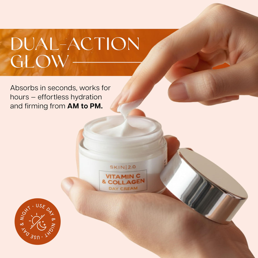 Skin 2.0 Vitamin C and Collagen formula highlights firmer, refreshed skin.