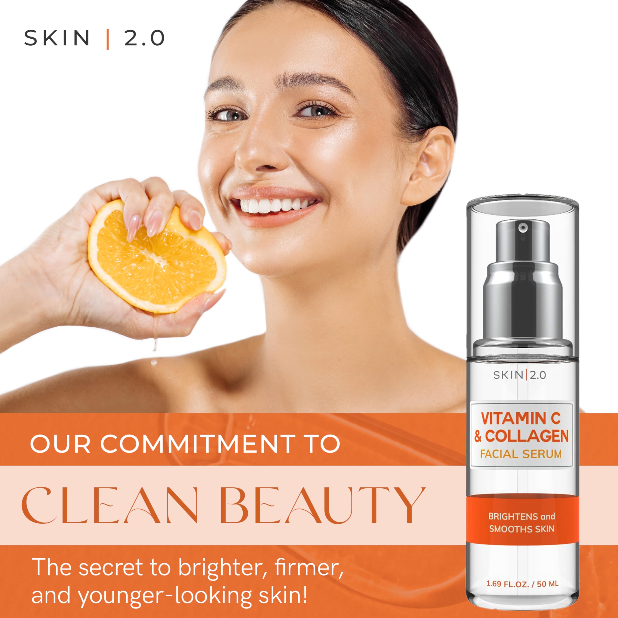 Close-up of Skin 2.0 Vitamin C Serum label highlighting clean formula.