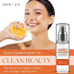 Close-up of Skin 2.0 Vitamin C Serum label highlighting clean formula.