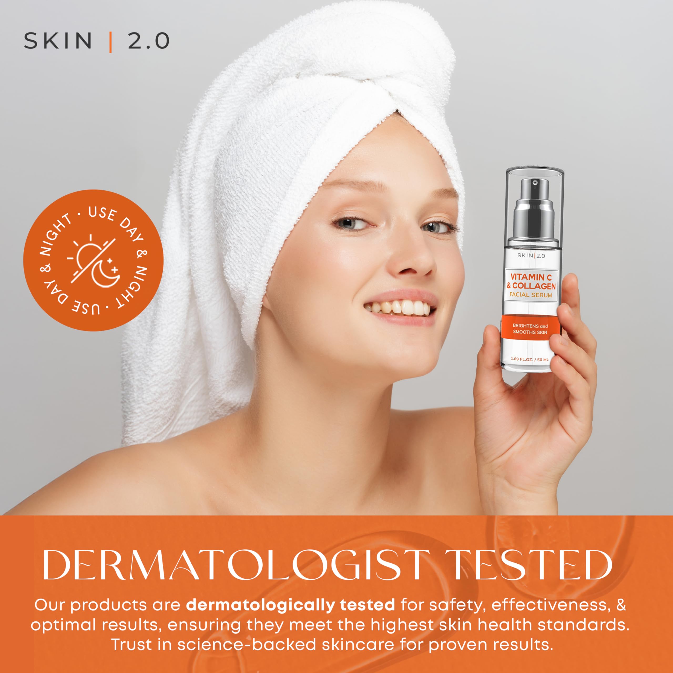 Pump-action shot shows Skin 2.0 Vitamin C Serum for smooth application.