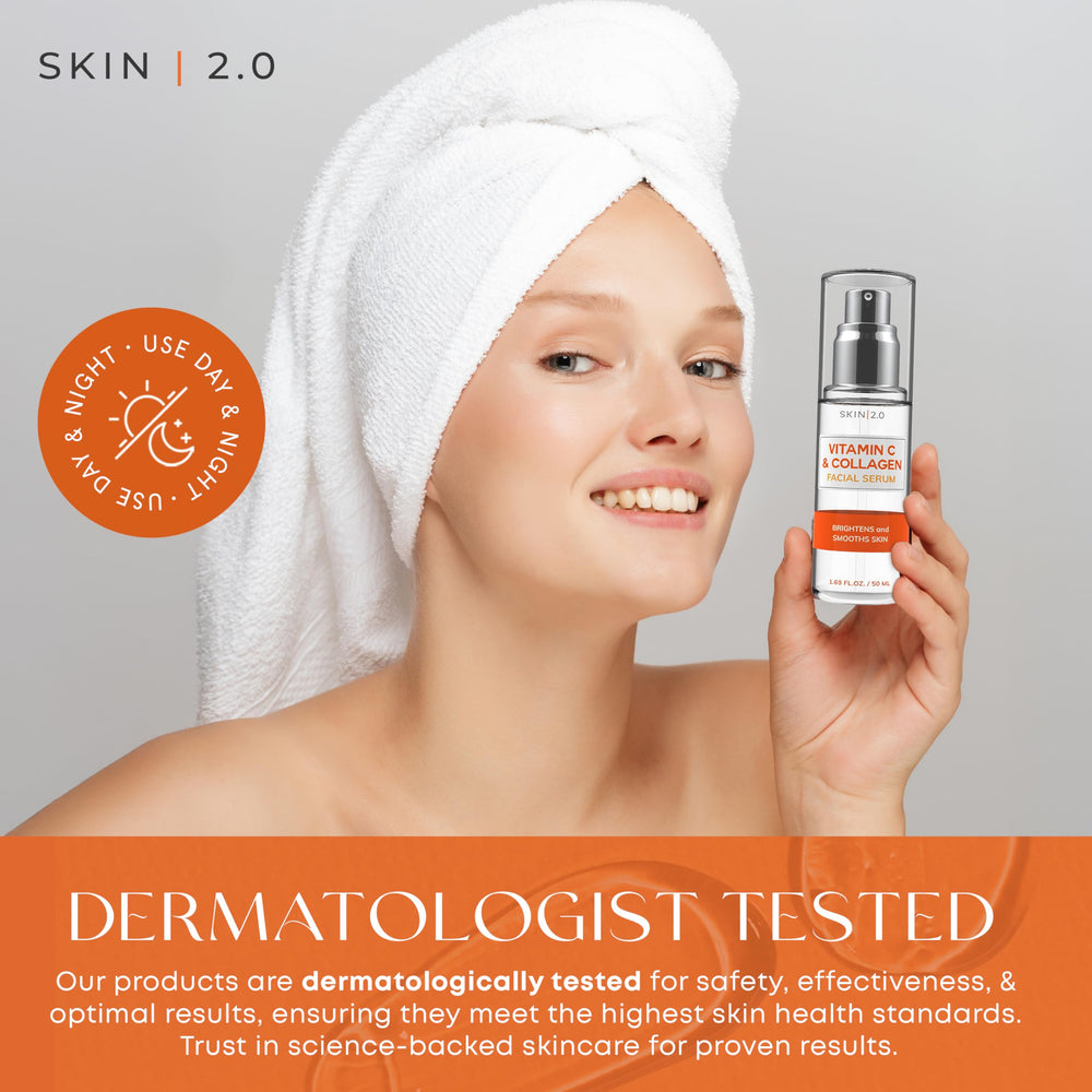 Pump-action shot shows Skin 2.0 Vitamin C Serum for smooth application.