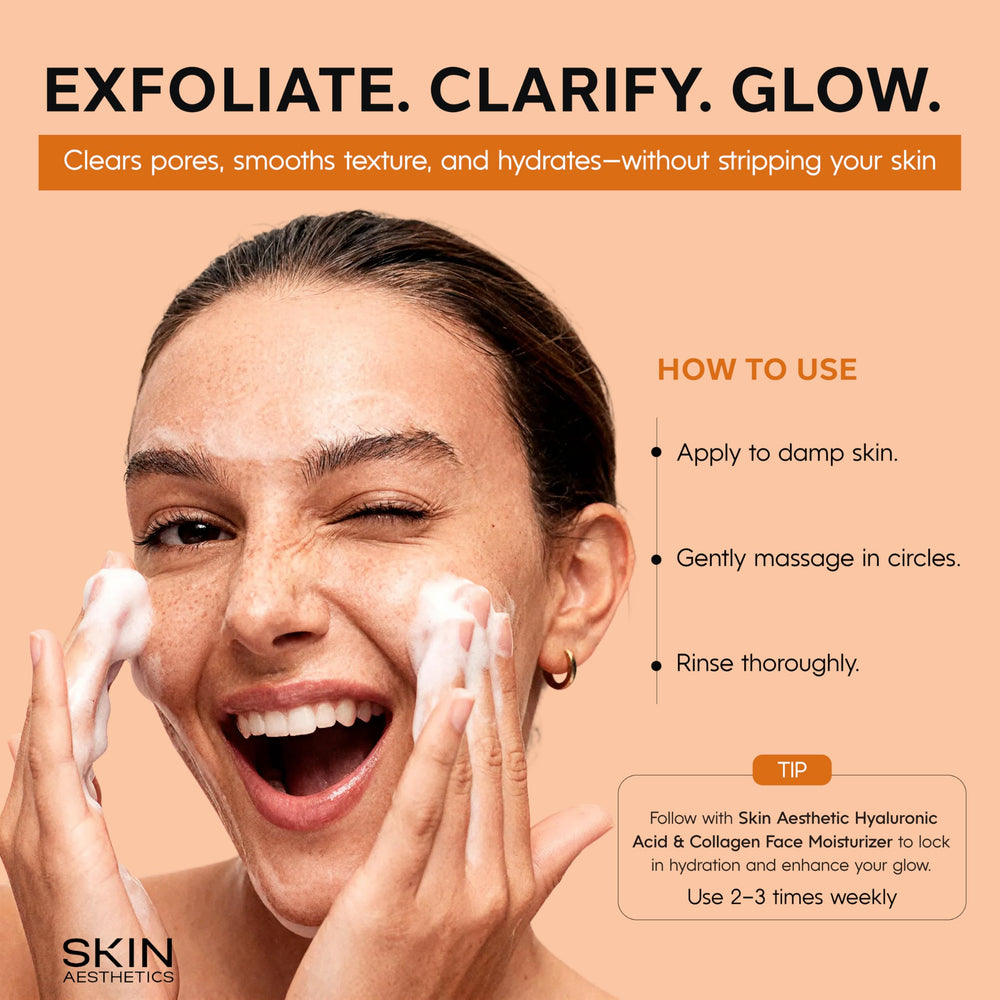 Scrub on damp skin demonstrates easy, gentle exfoliation for smoother texture.