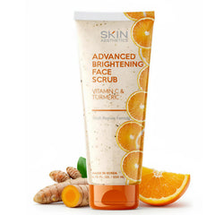 Skin Aesthetics Vitamin C & Turmeric Scrub bottle shows a clean beauty glow.
