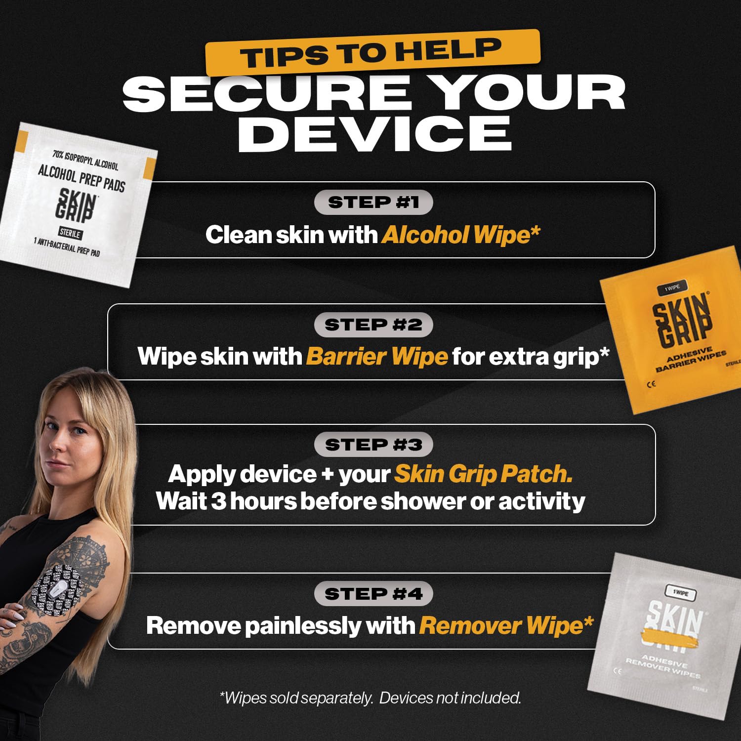 Skin Grip 20-pack in black packaging for CGM protection