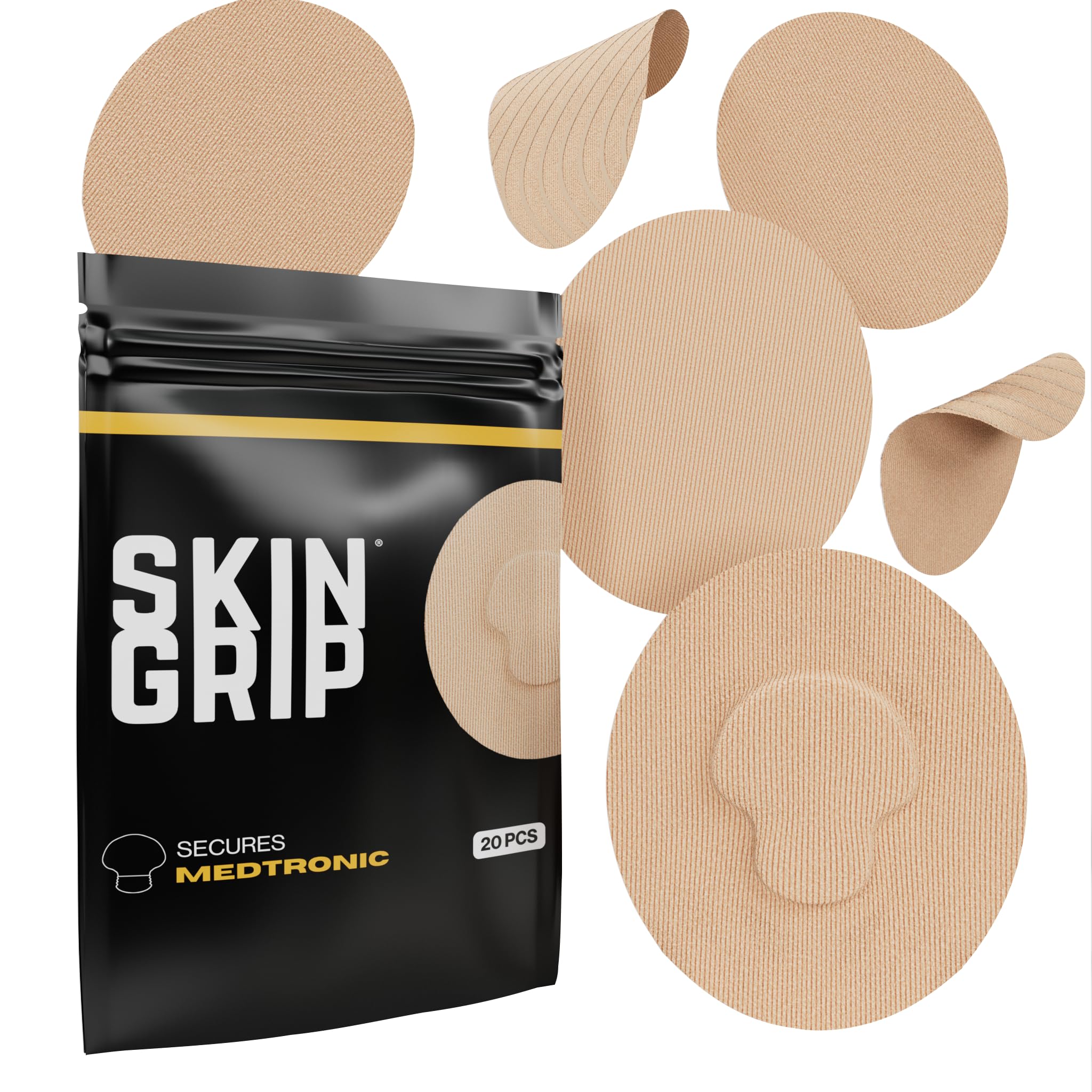 Skin Grip CGM patch secures Medtronic Guardian sensor during daily activities.