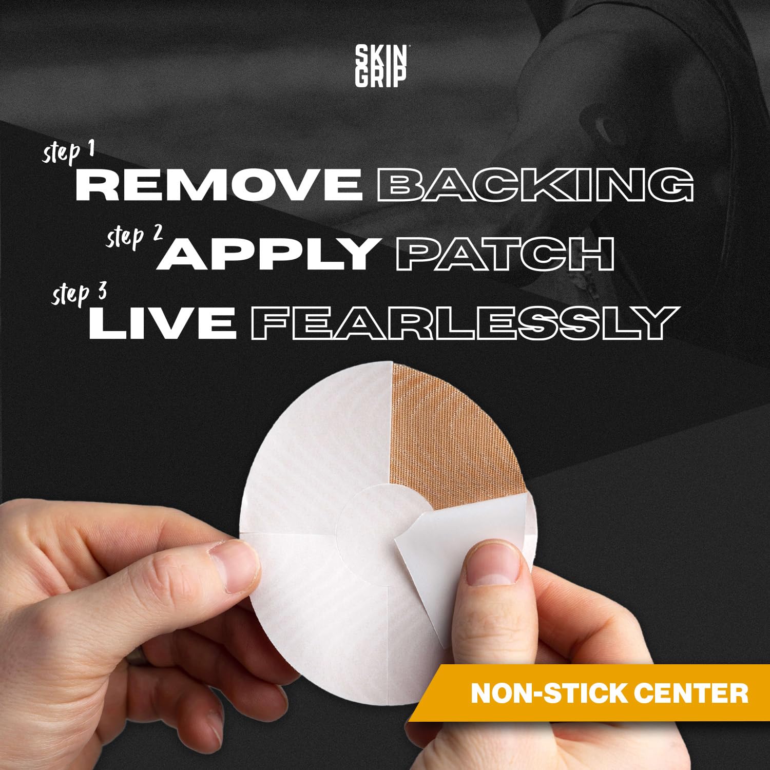 Tan Skin Grip patch blends with skin tone for discreet wear.