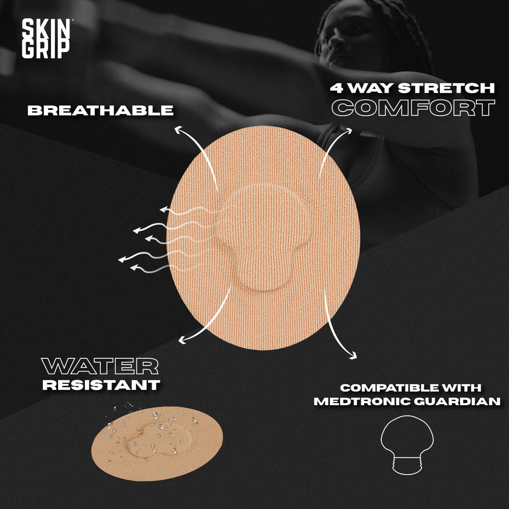Skin Grip CGM patch remains waterproof and sweatproof for showers and workouts.