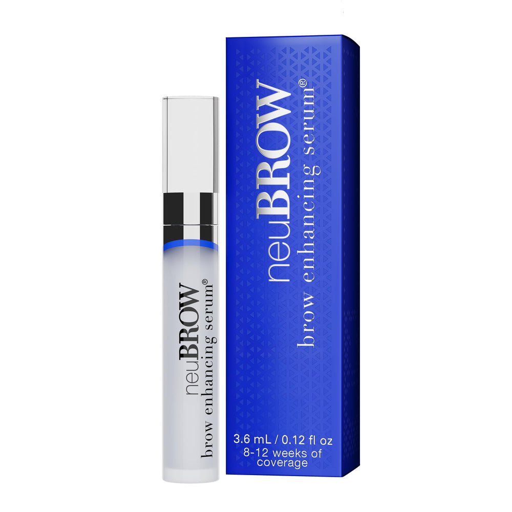 Skin Research Laboratories neuBROW serum bottle shows vegan brow support for fuller-looking brows.