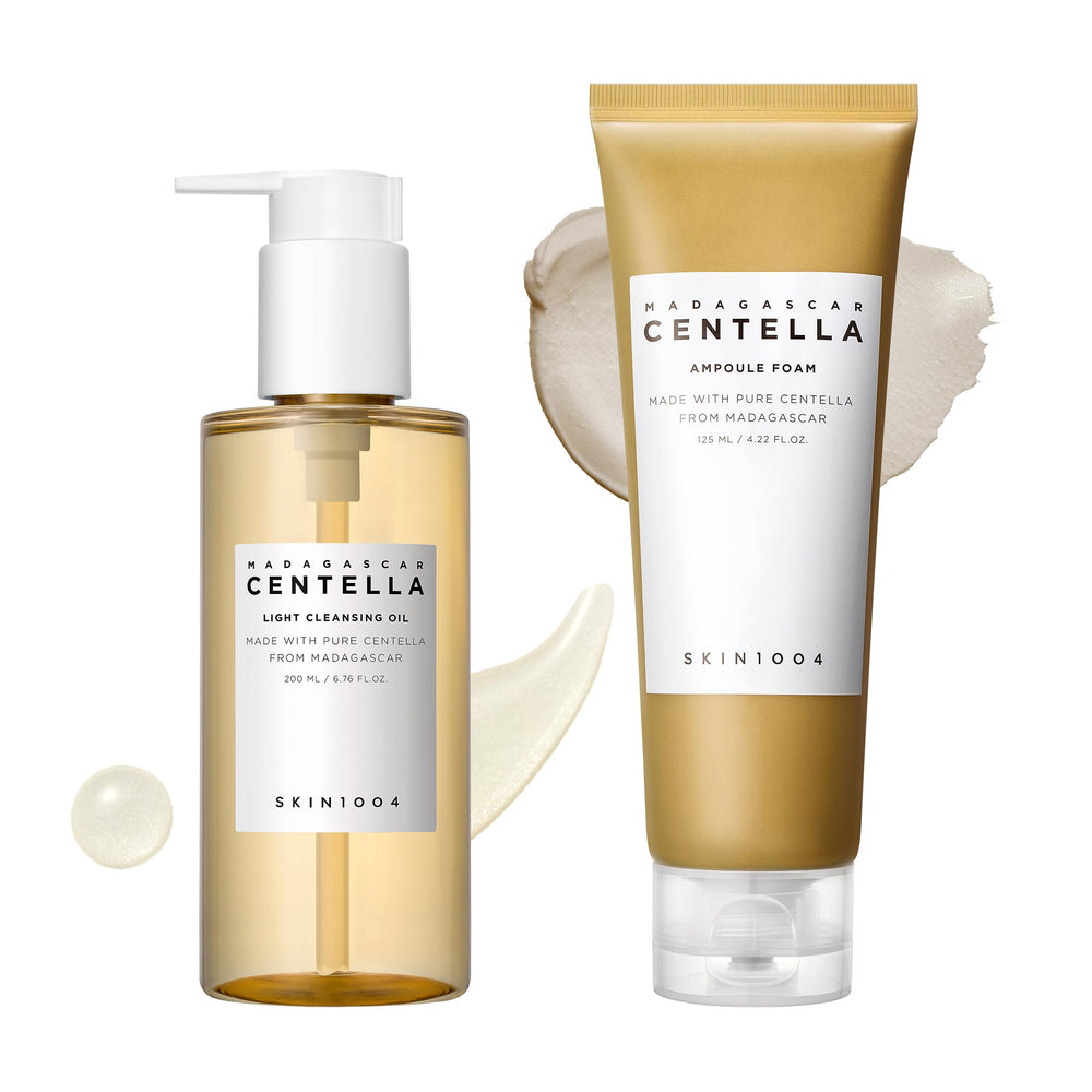 SKIN1004 Centella cleansing oil bottle pour, showing a lightweight makeup remover.