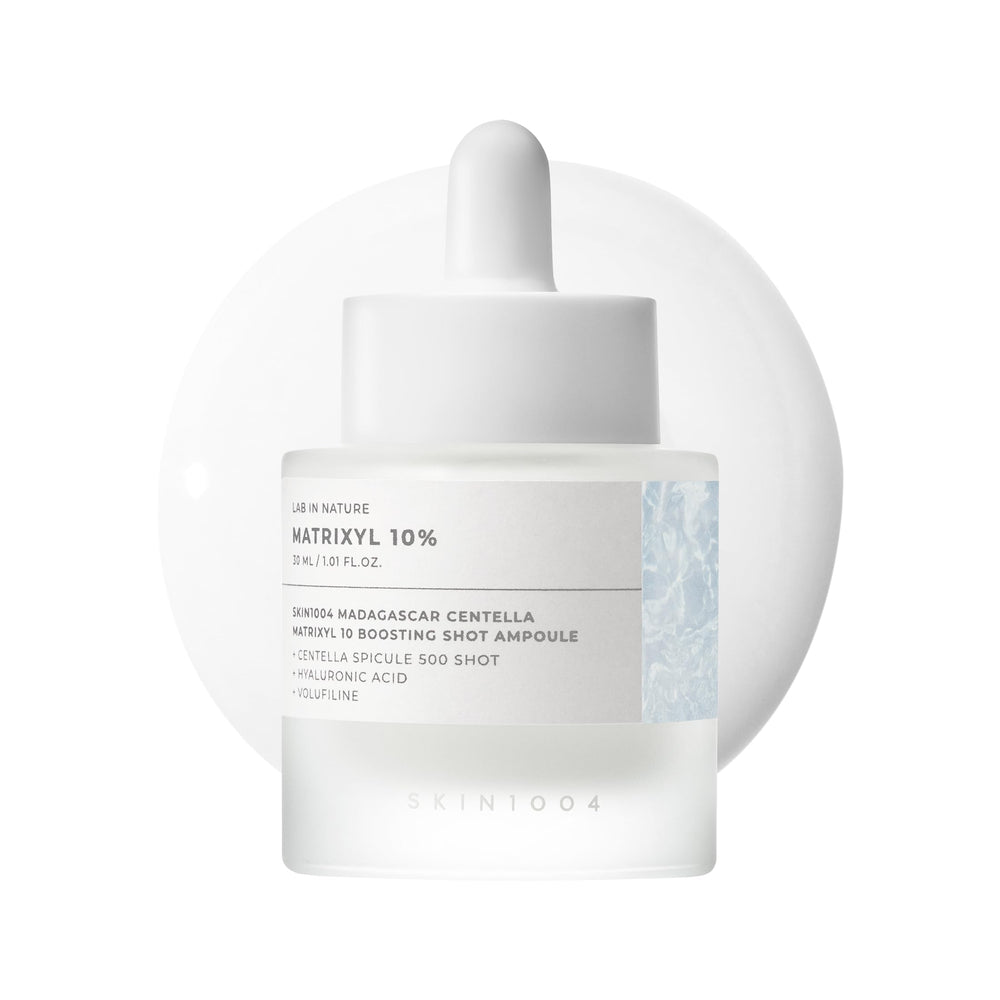 SKIN1004 Matrixyl ten percent boosting shot ampoule bottle close-up shows premium peptide serum for hydration