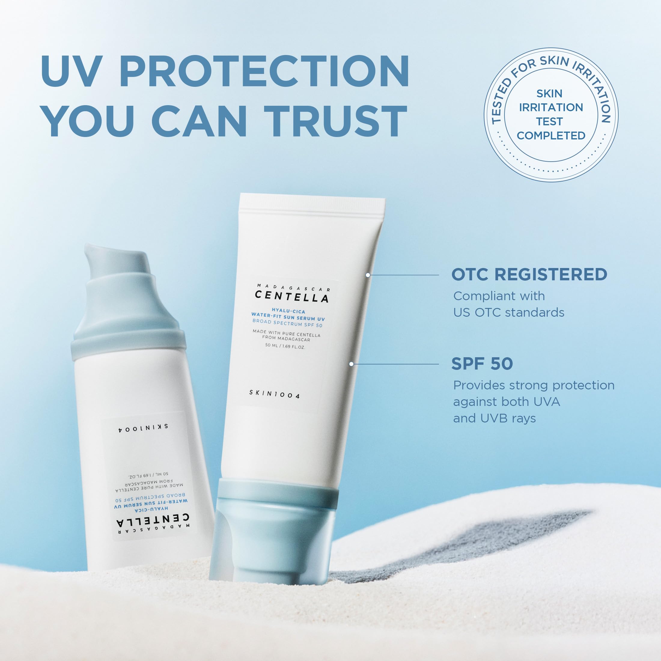 SPF50 logo on SKIN1004 label indicating broad-spectrum daily protection.