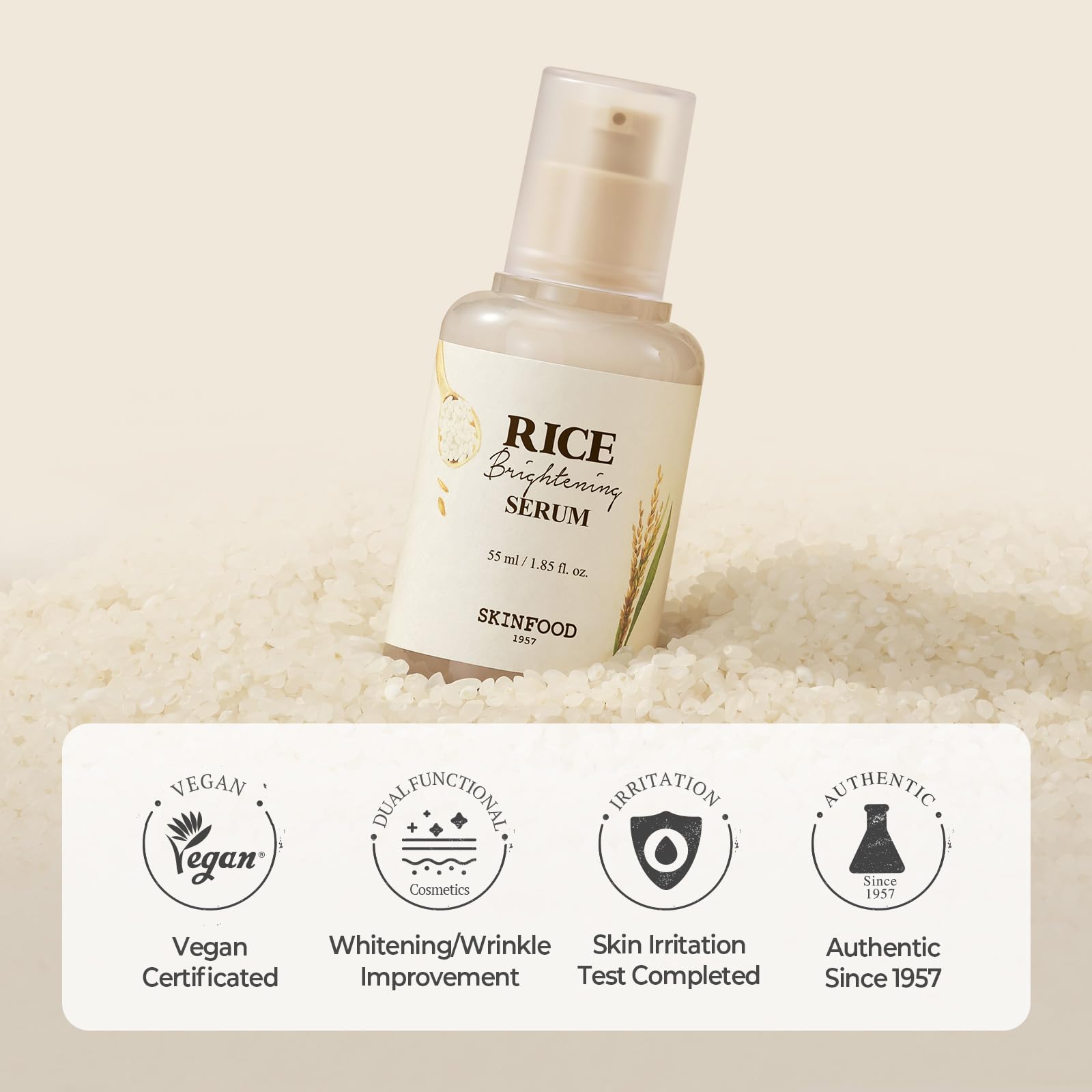 Before-and-after vibe suggesting glass skin glow with SKINFOOD Rice Serum