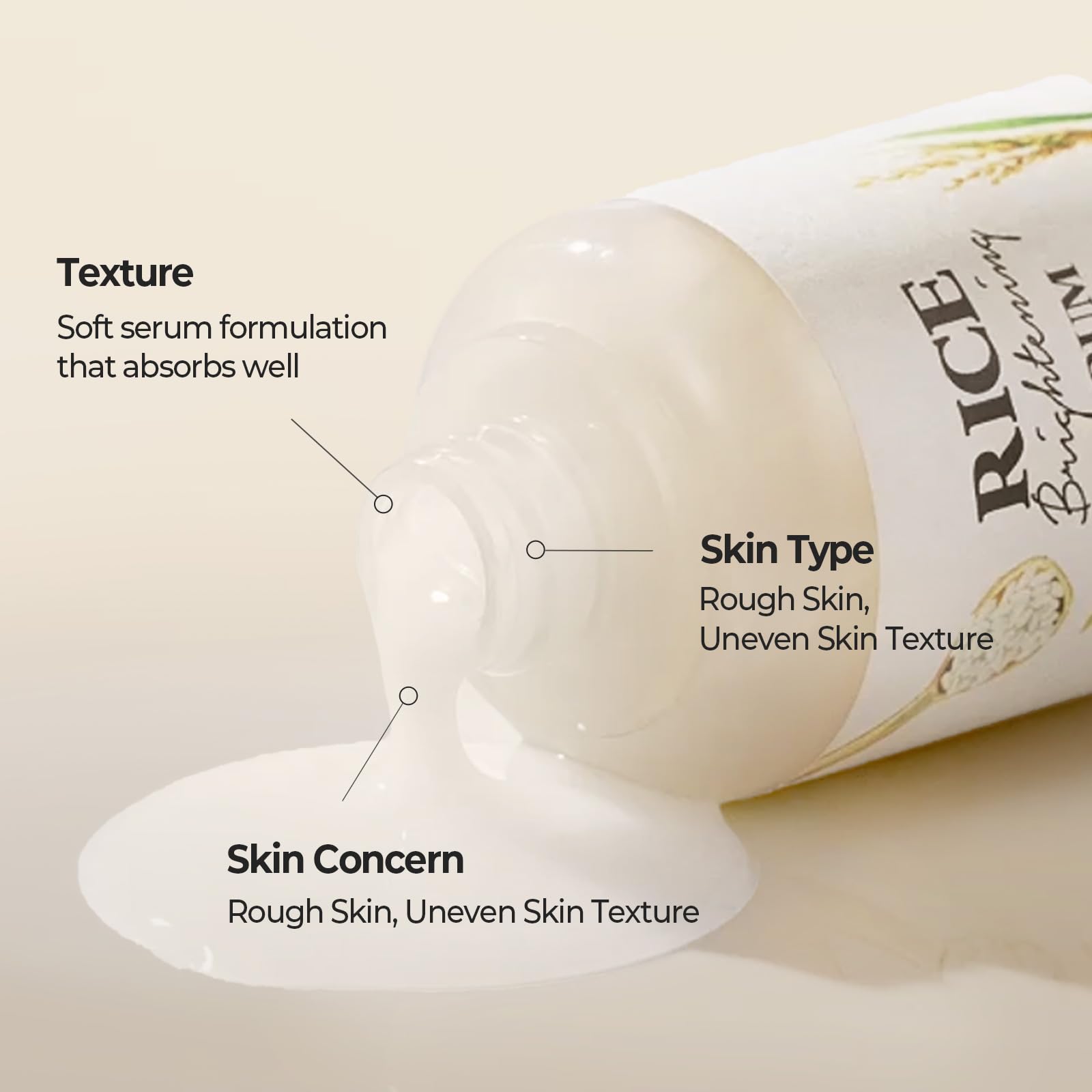 Rice plant and bottle emphasize natural ingredients in SKINFOOD Rice Serum