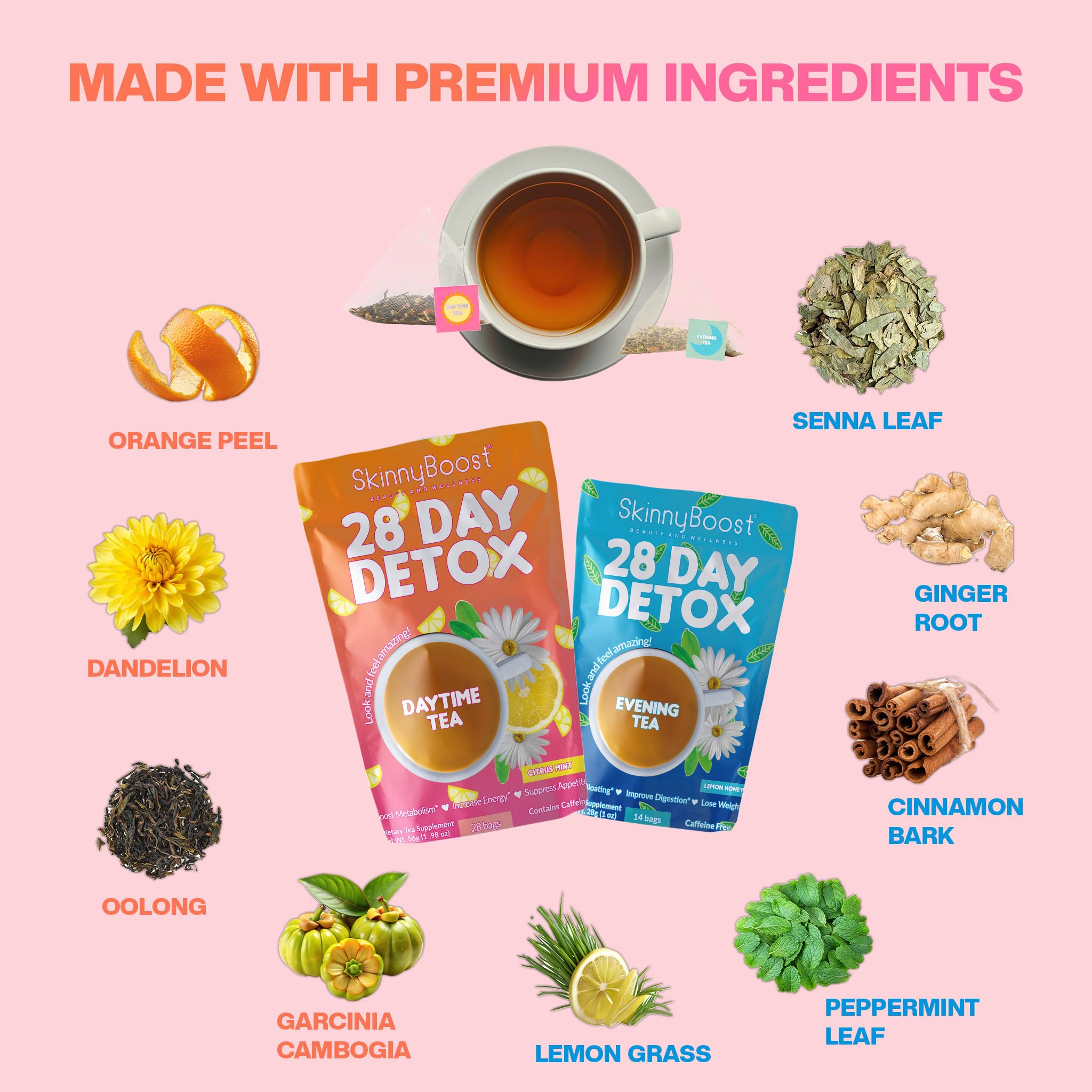 SkinnyBoost Detox Kit box highlighting the two-step plan for a daily cleanse