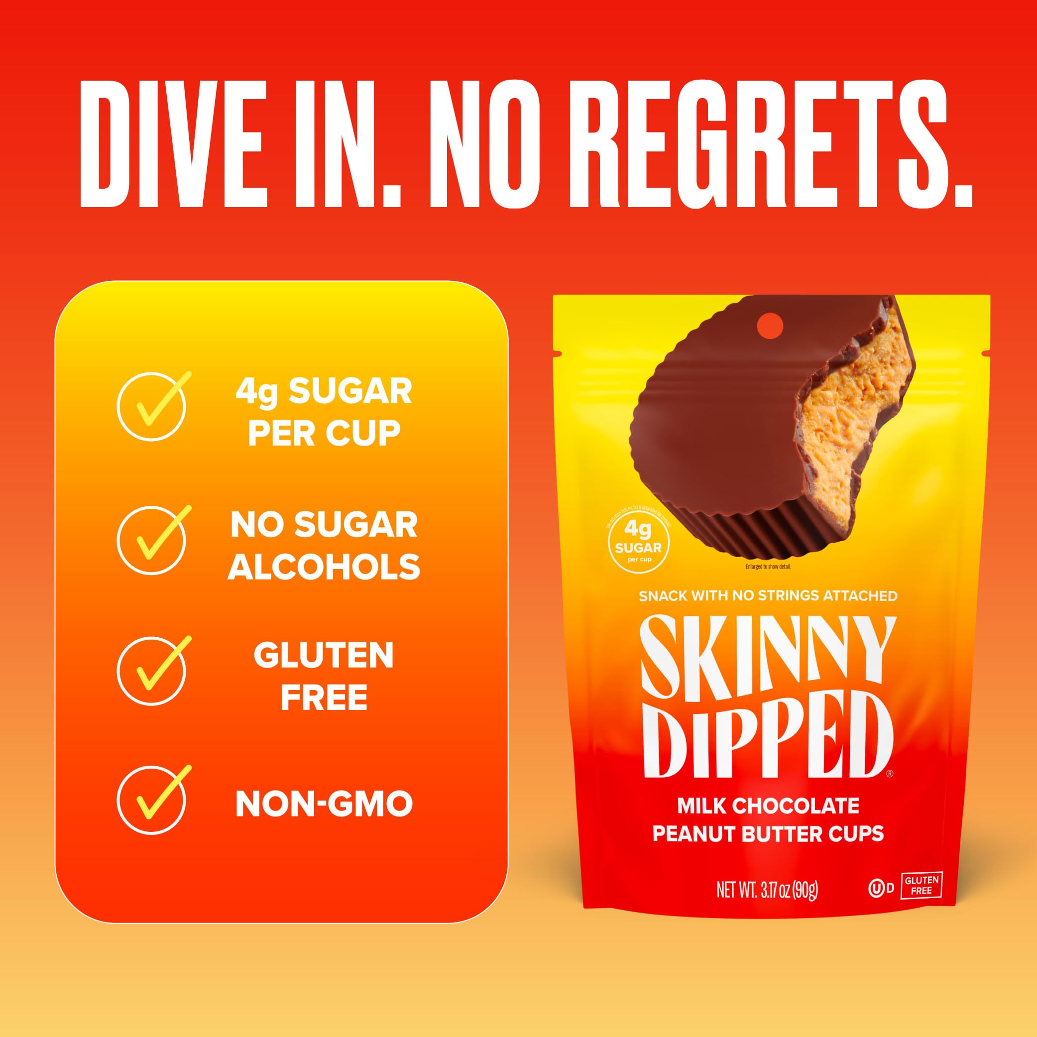 SkinnyDipped cup label highlights 4g sugar per piece.
