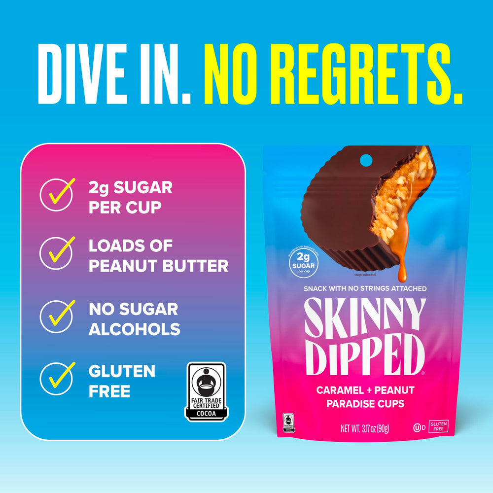 Caramel center peeks through SkinnyDipped cup’s chocolate shell for a rich treat.
