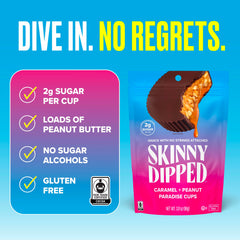 Caramel center peeks through SkinnyDipped cup’s chocolate shell for a rich treat.