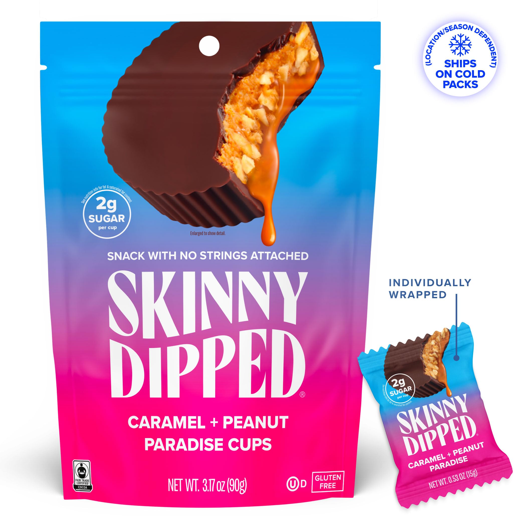 Crunchy peanuts add texture to SkinnyDipped cup, satisfying cravings with flavor.