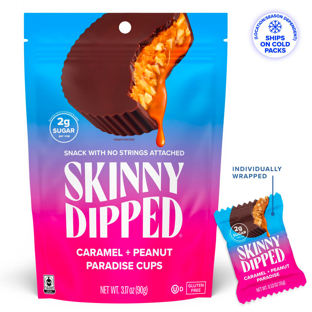 Crunchy peanuts add texture to SkinnyDipped cup, satisfying cravings with flavor.