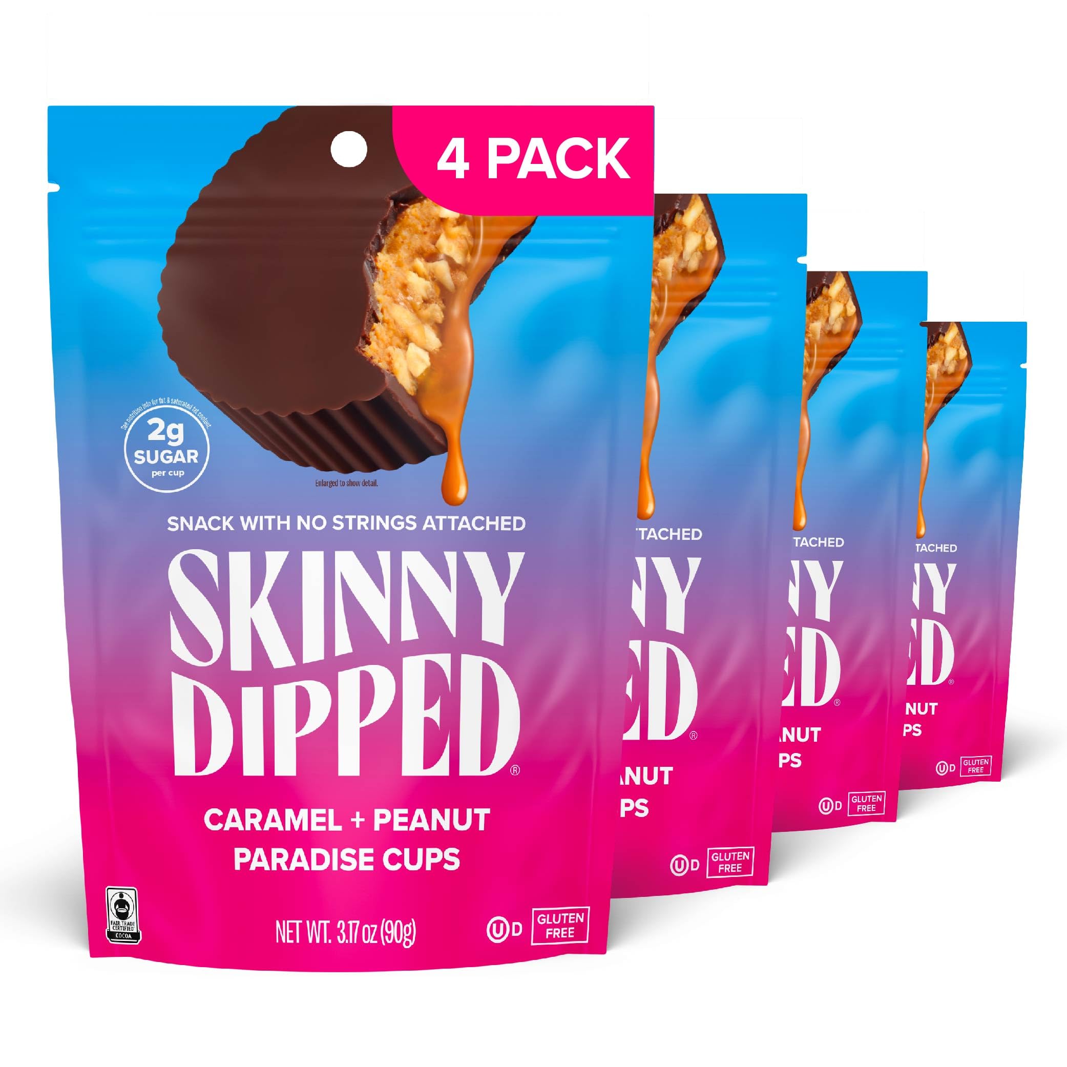 SkinnyDipped caramel peanut paradise cup in dark chocolate shell, a low-sugar indulgence.