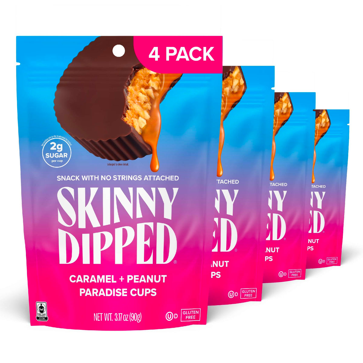 SkinnyDipped caramel peanut paradise cup in dark chocolate shell, a low-sugar indulgence.