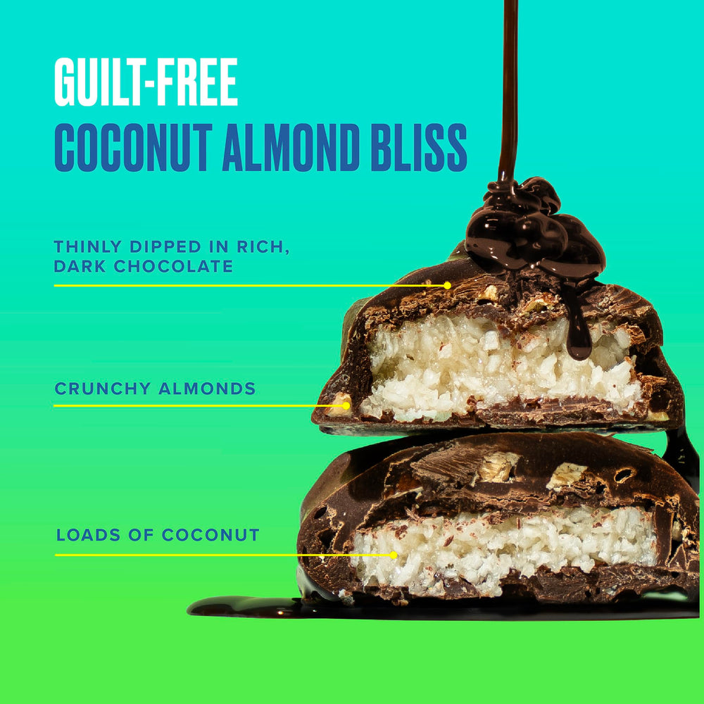 SkinnyDipped coconut almond bites in pack for sharing and quick snacking.