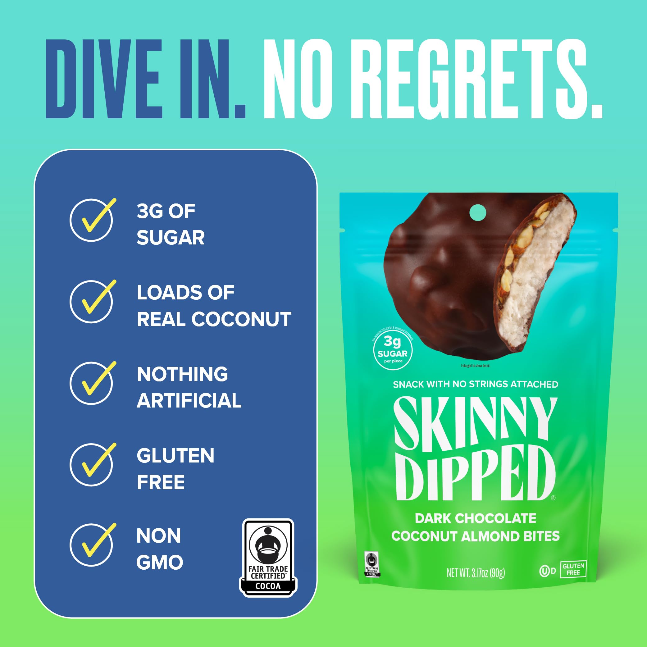 SkinnyDipped coconut almond bites ingredients emphasize gluten-free and Fair Trade sourcing.