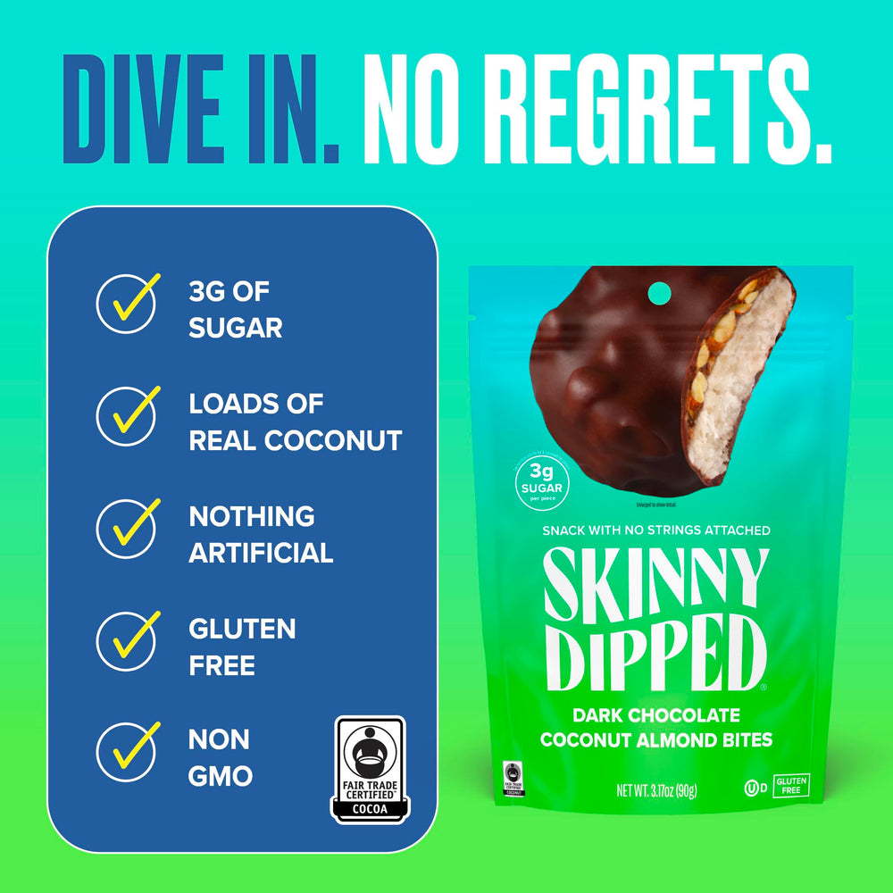 SkinnyDipped coconut almond bites ingredients emphasize gluten-free and Fair Trade sourcing.