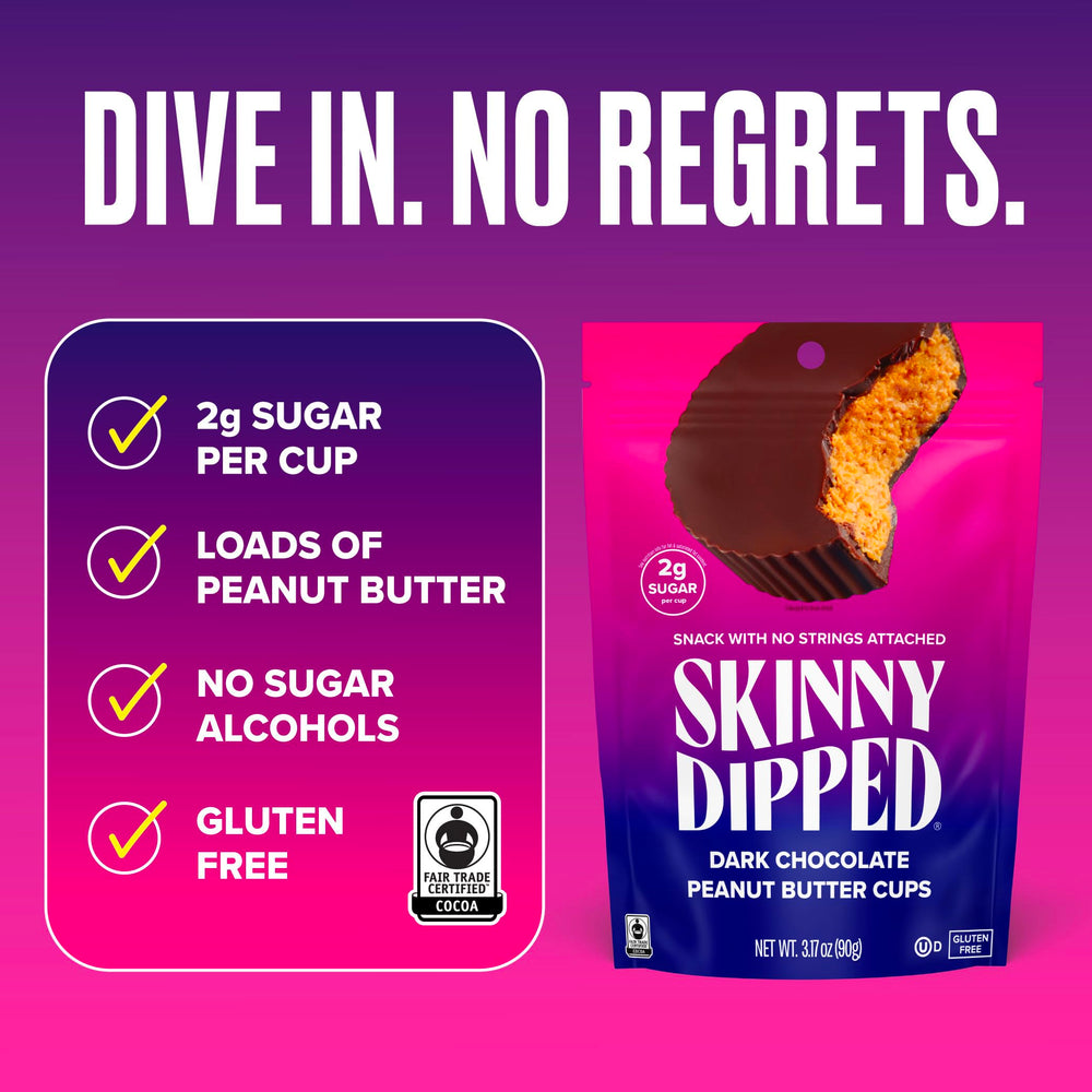 SkinnyDipped cups in hand for on-the-go snacking.