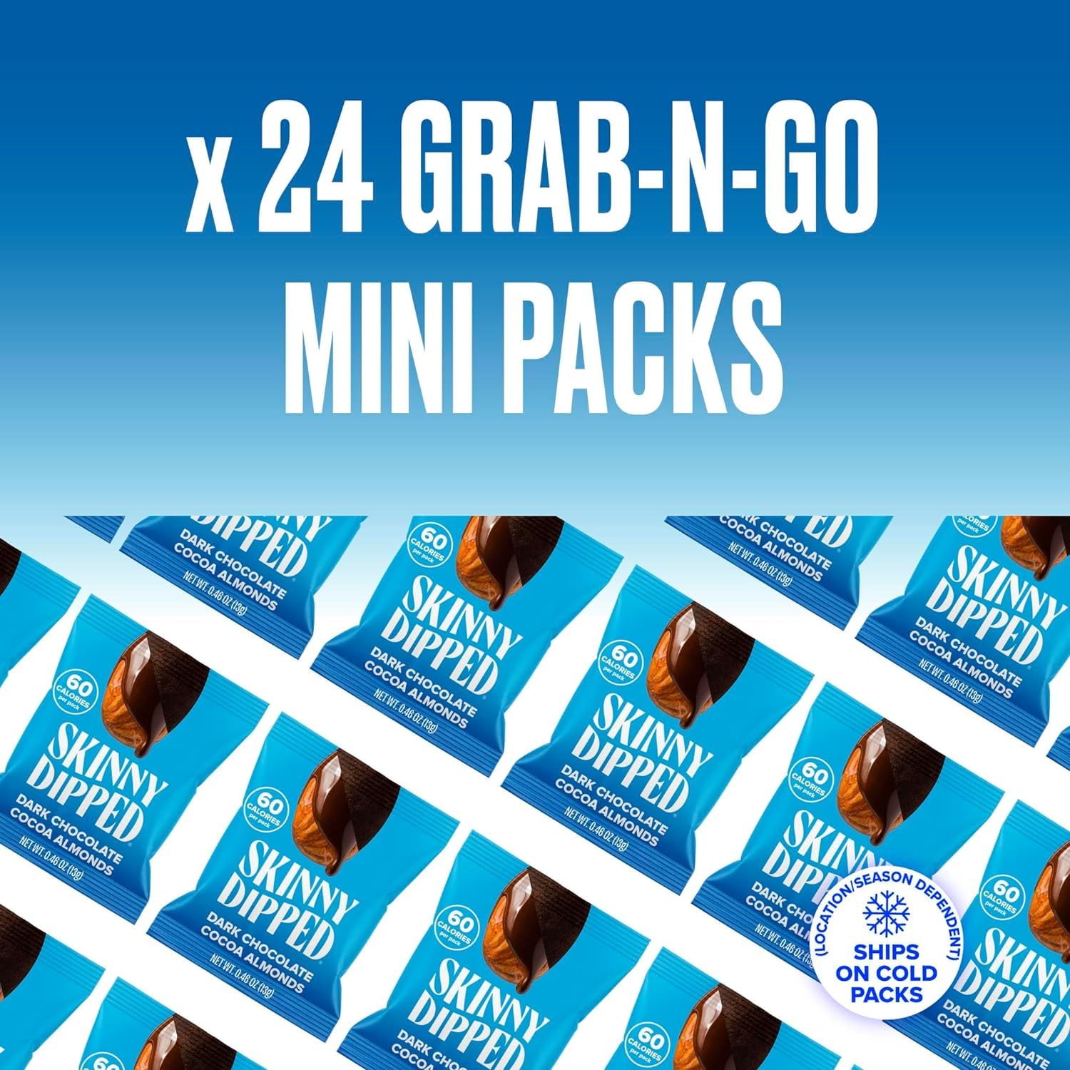 SkinnyDipped mini bag open, ready for a quick portion-controlled snack.