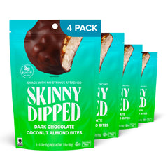 SkinnyDipped packaging with bites, four-pack ideal for on-the-go snacking.