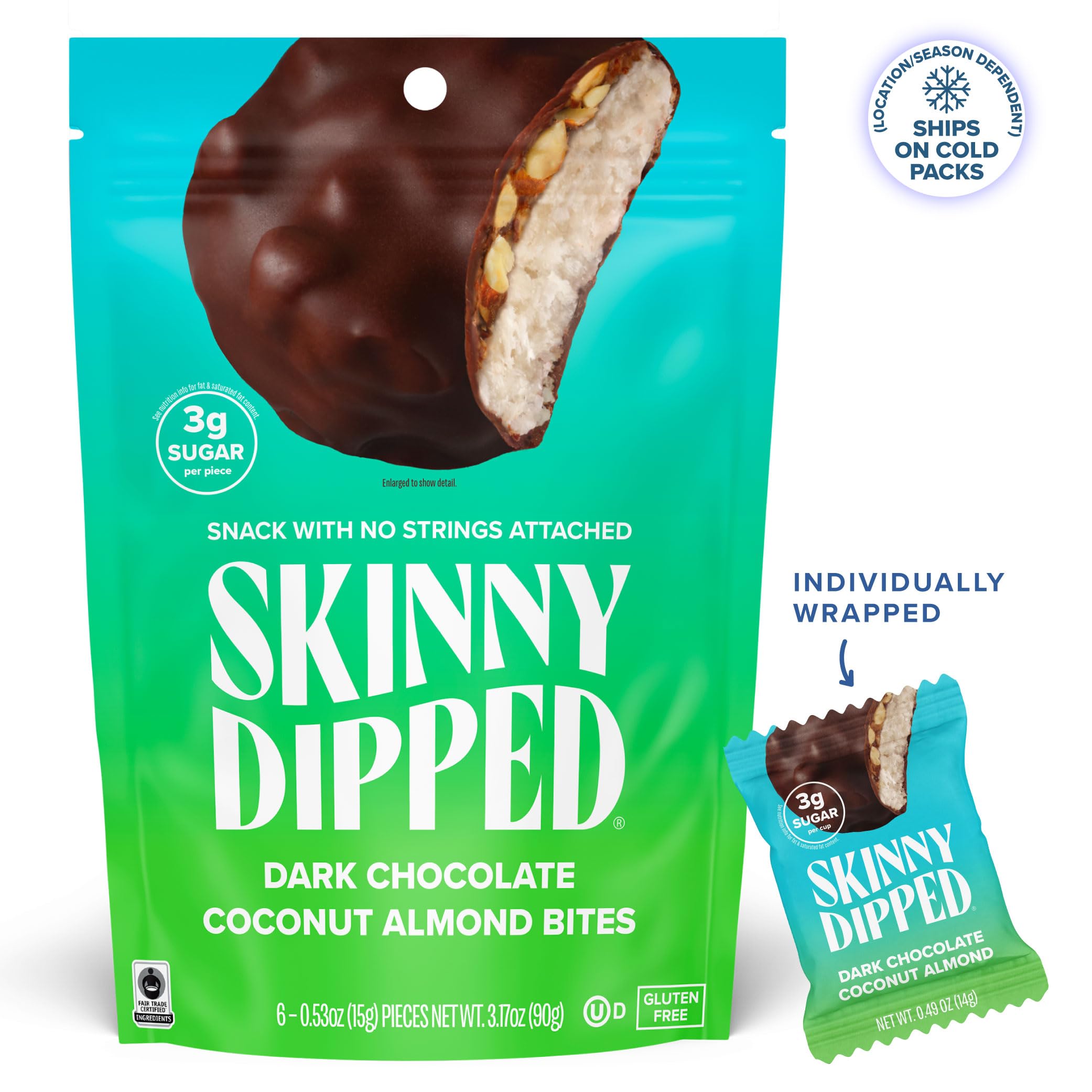 SkinnyDipped dark shell detail highlights thin coating and indulgent crunch.