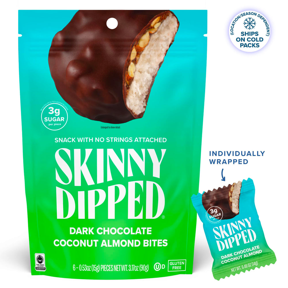 SkinnyDipped dark shell detail highlights thin coating and indulgent crunch.