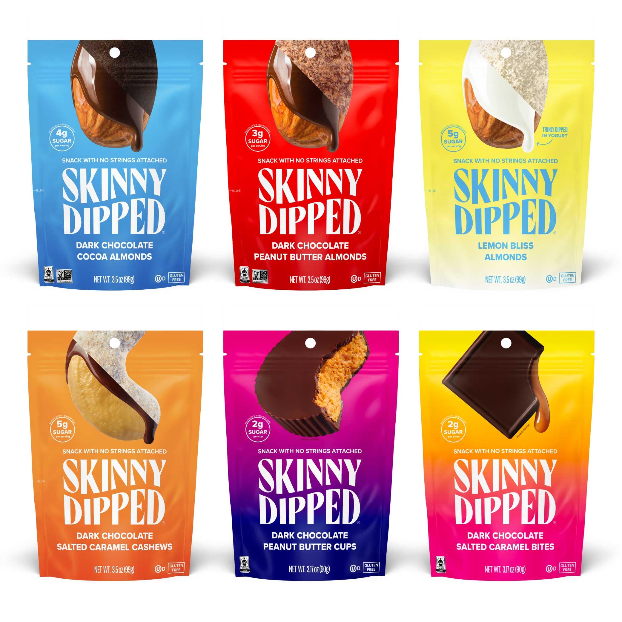 SkinnyDipped Dark Chocolate Peanut Butter Cups, creamy center in dark shell—gluten-free snack