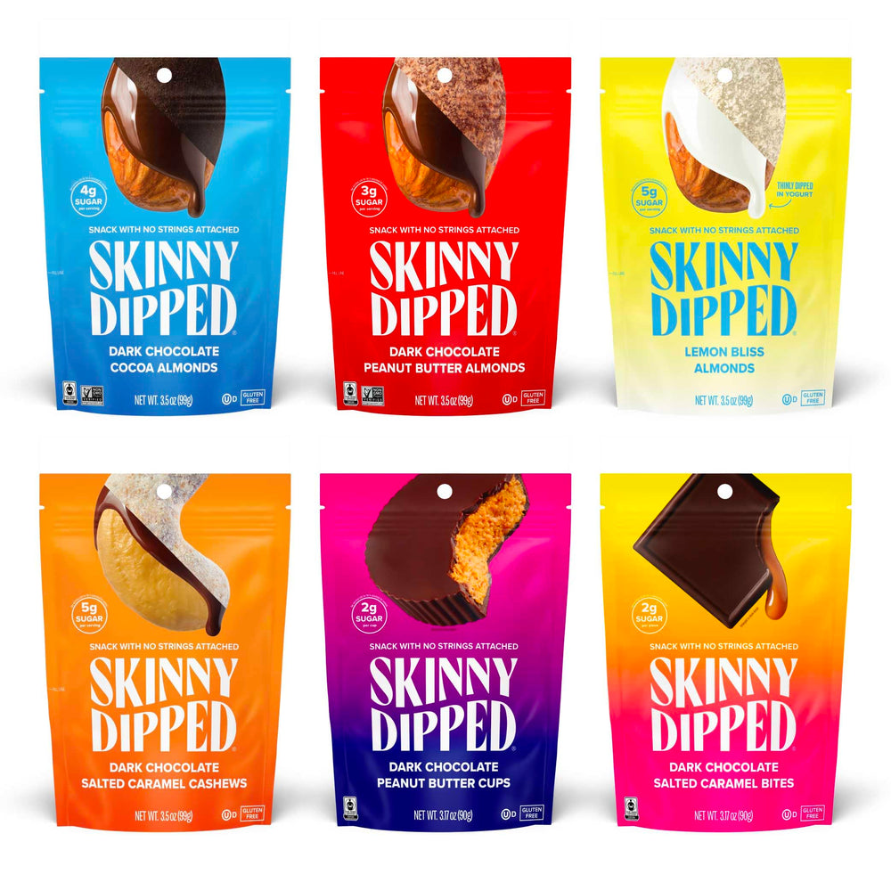 SkinnyDipped Dark Chocolate Peanut Butter Cups, creamy center in dark shell—gluten-free snack