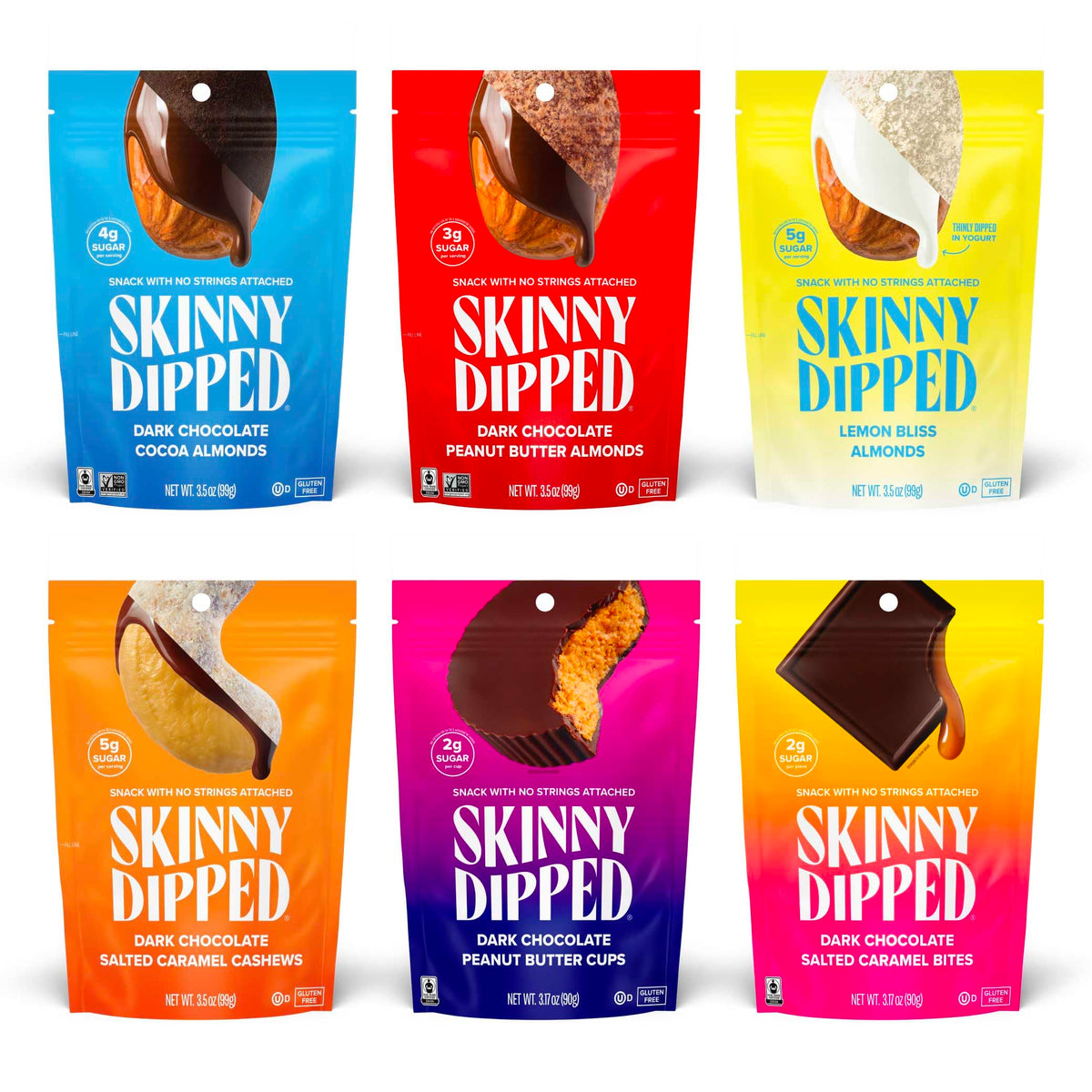SkinnyDipped Dark Chocolate Peanut Butter Cups, creamy center in dark shell—gluten-free snack