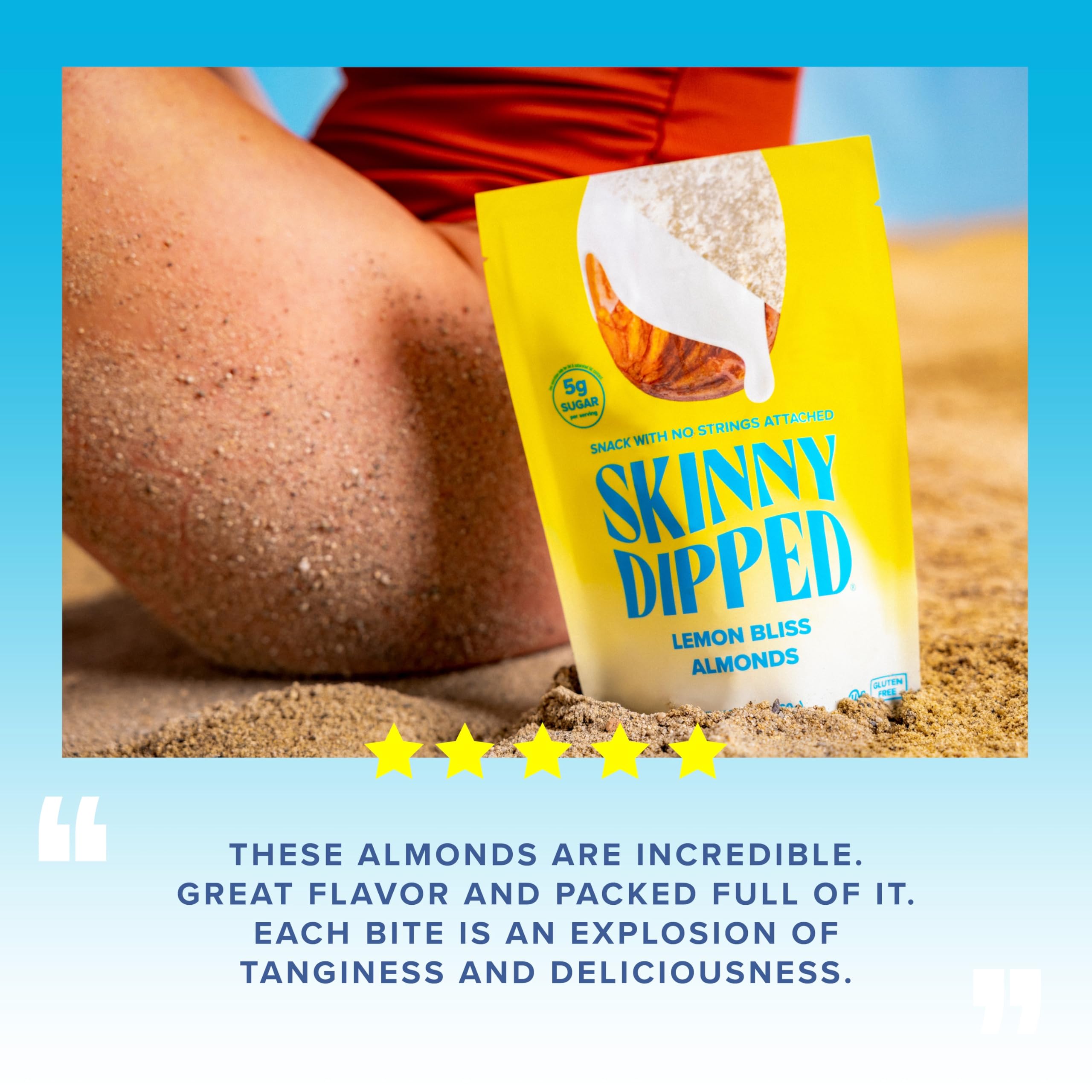 SkinnyDipped Lemon Bliss Almonds label shows gluten-free and non-GMO ingredients.