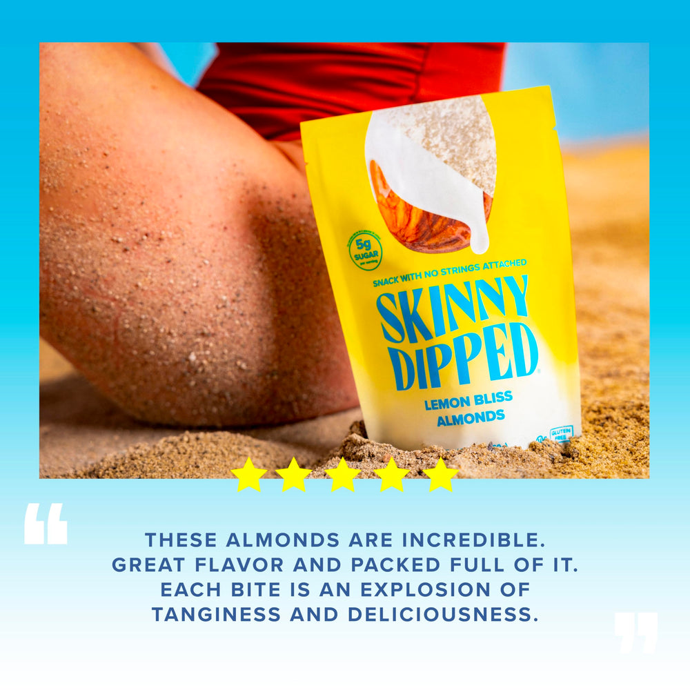 SkinnyDipped Lemon Bliss Almonds label shows gluten-free and non-GMO ingredients.