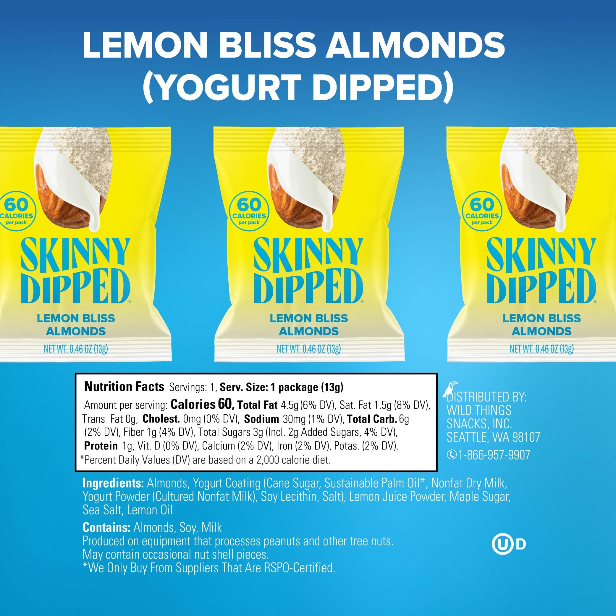 SkinnyDipped Lemon Bliss Almonds mini-pack side view ideal for lunchboxes.