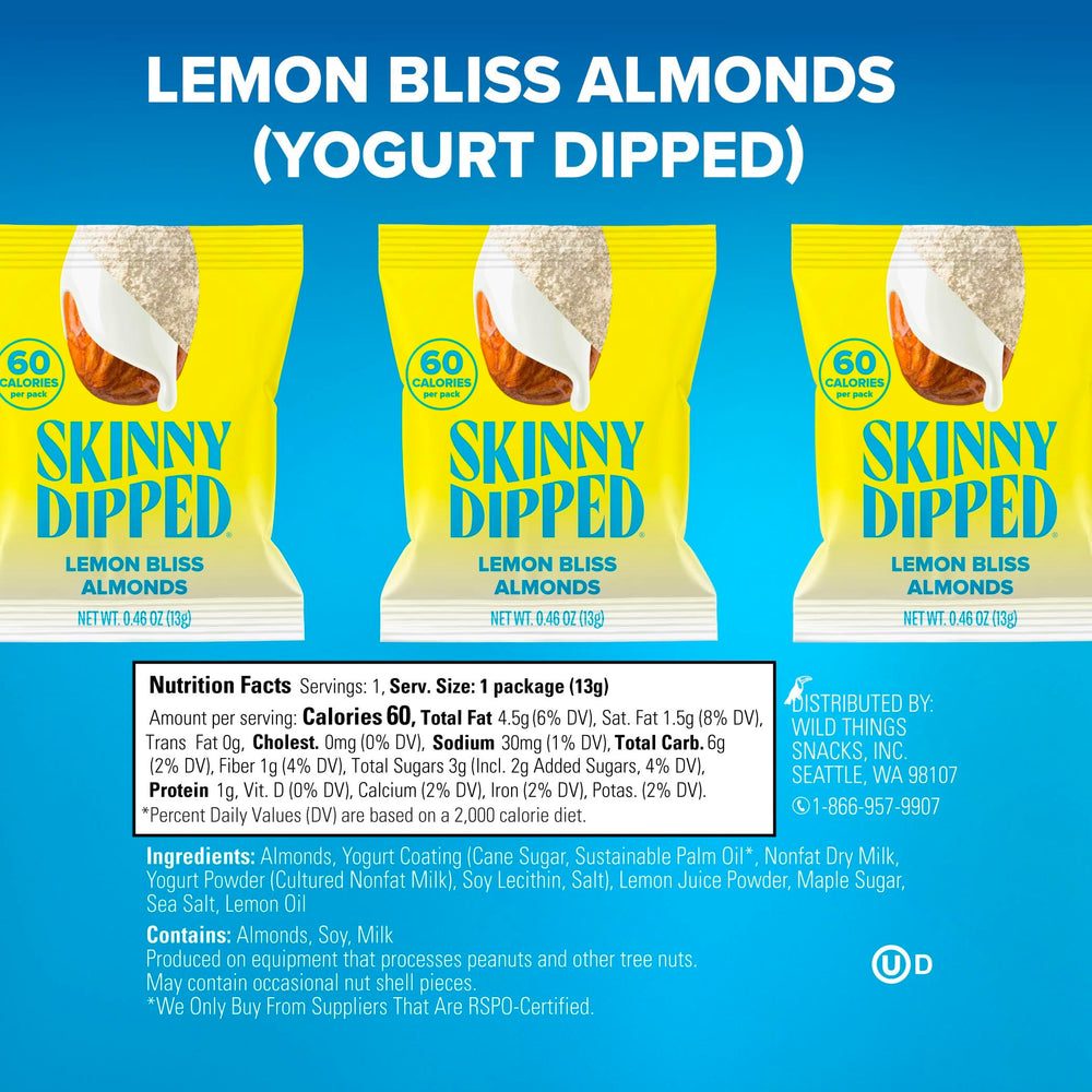 SkinnyDipped Lemon Bliss Almonds mini-pack side view ideal for lunchboxes.