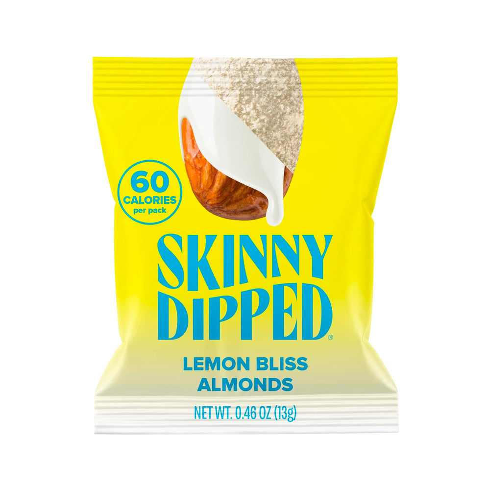 SkinnyDipped Lemon Bliss Almonds pack front for on-the-go snacking.