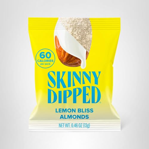 SkinnyDipped Lemon Bliss Almonds served with fruit as a balanced snack.