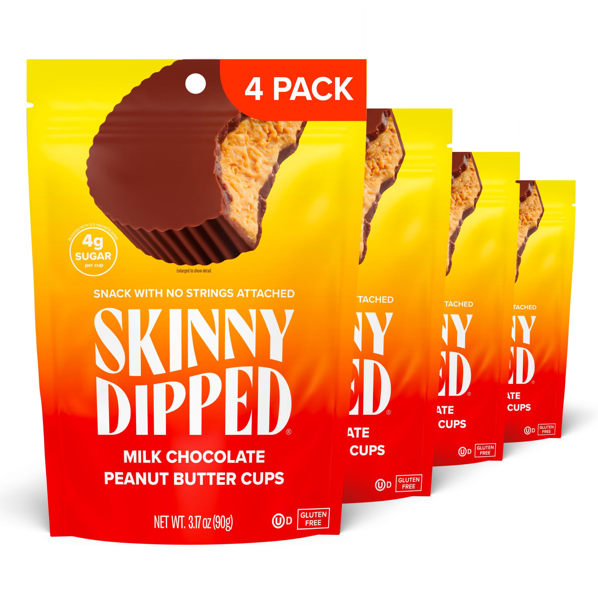 SkinnyDipped milk chocolate peanut butter cups pack with four bags – low sugar indulgence.