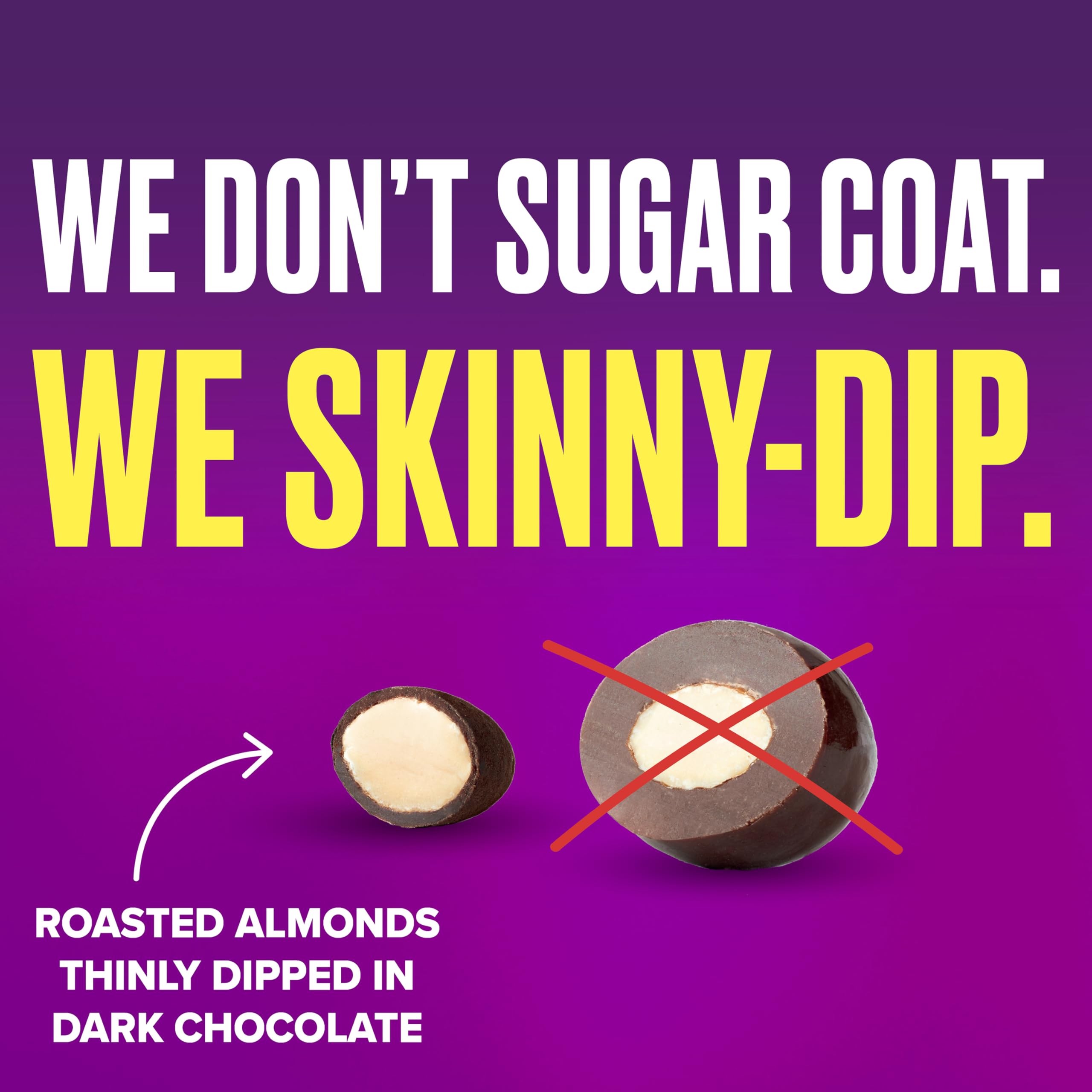 SkinnyDipped plant-protein snack features crunchy almonds and clean ingredients.