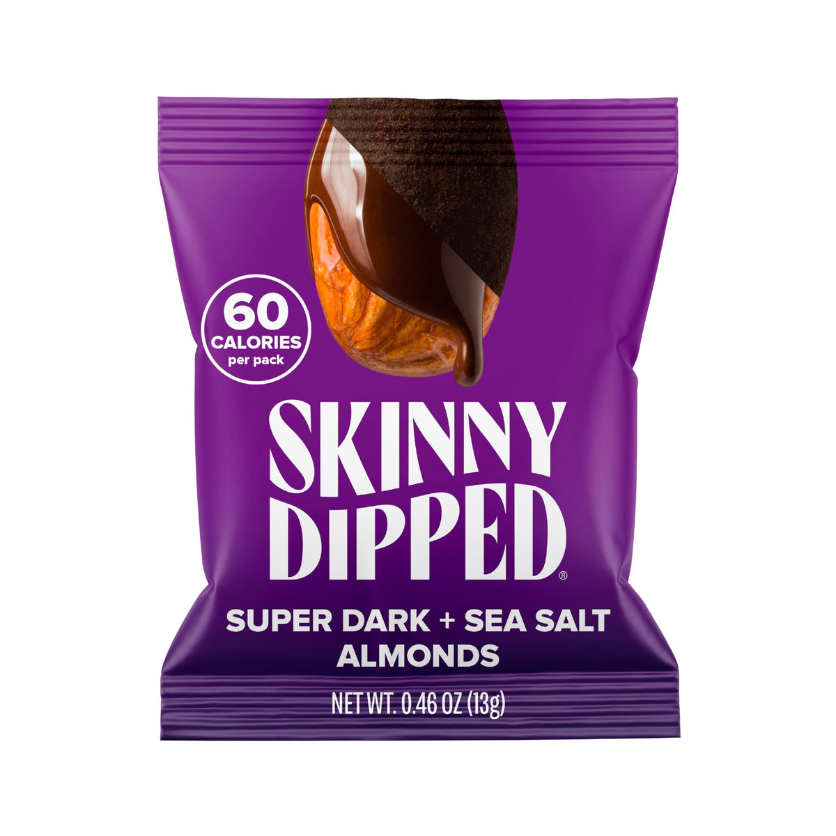 SkinnyDipped super dark almonds in a glossy coat, a vegan-friendly on-the-go snack.