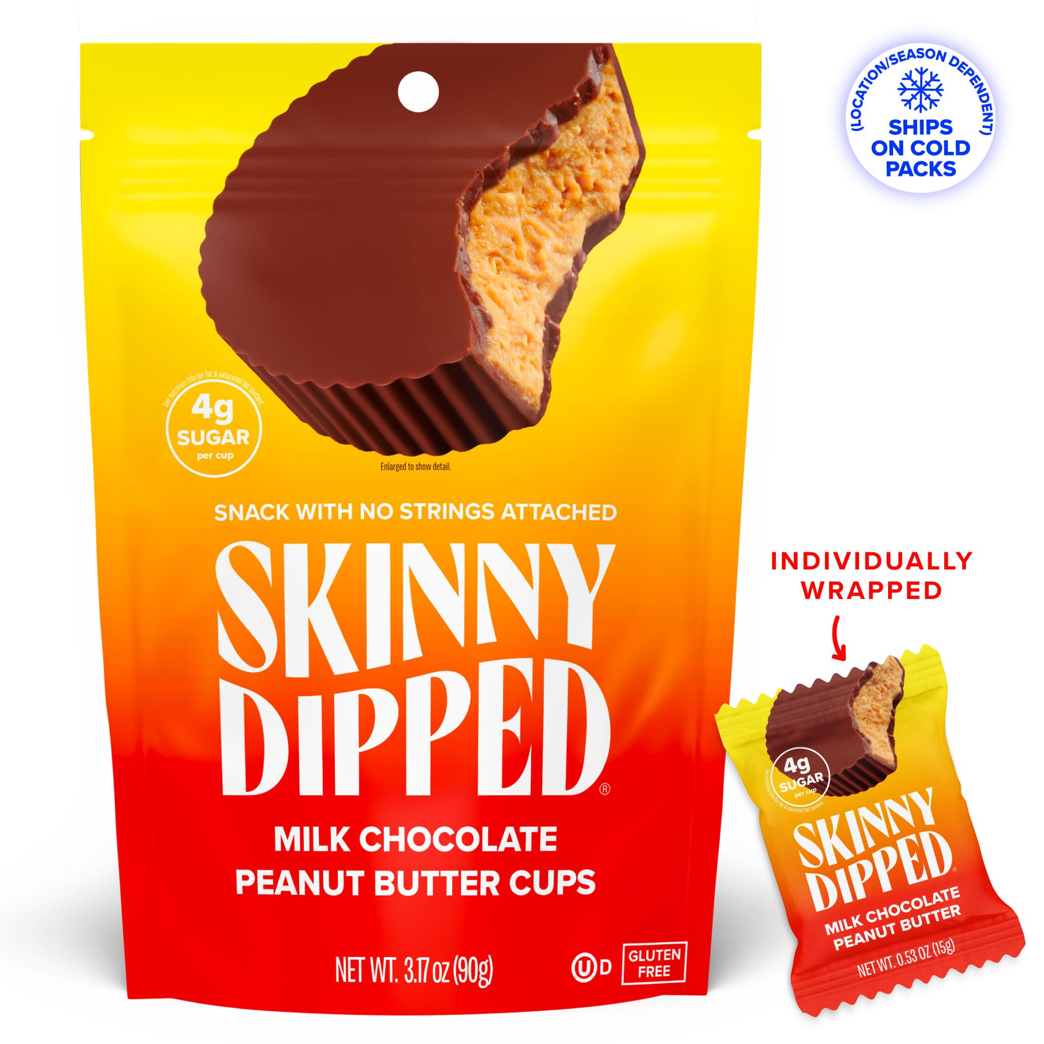 SkinnyDipped cup interior with thin milk chocolate shell.