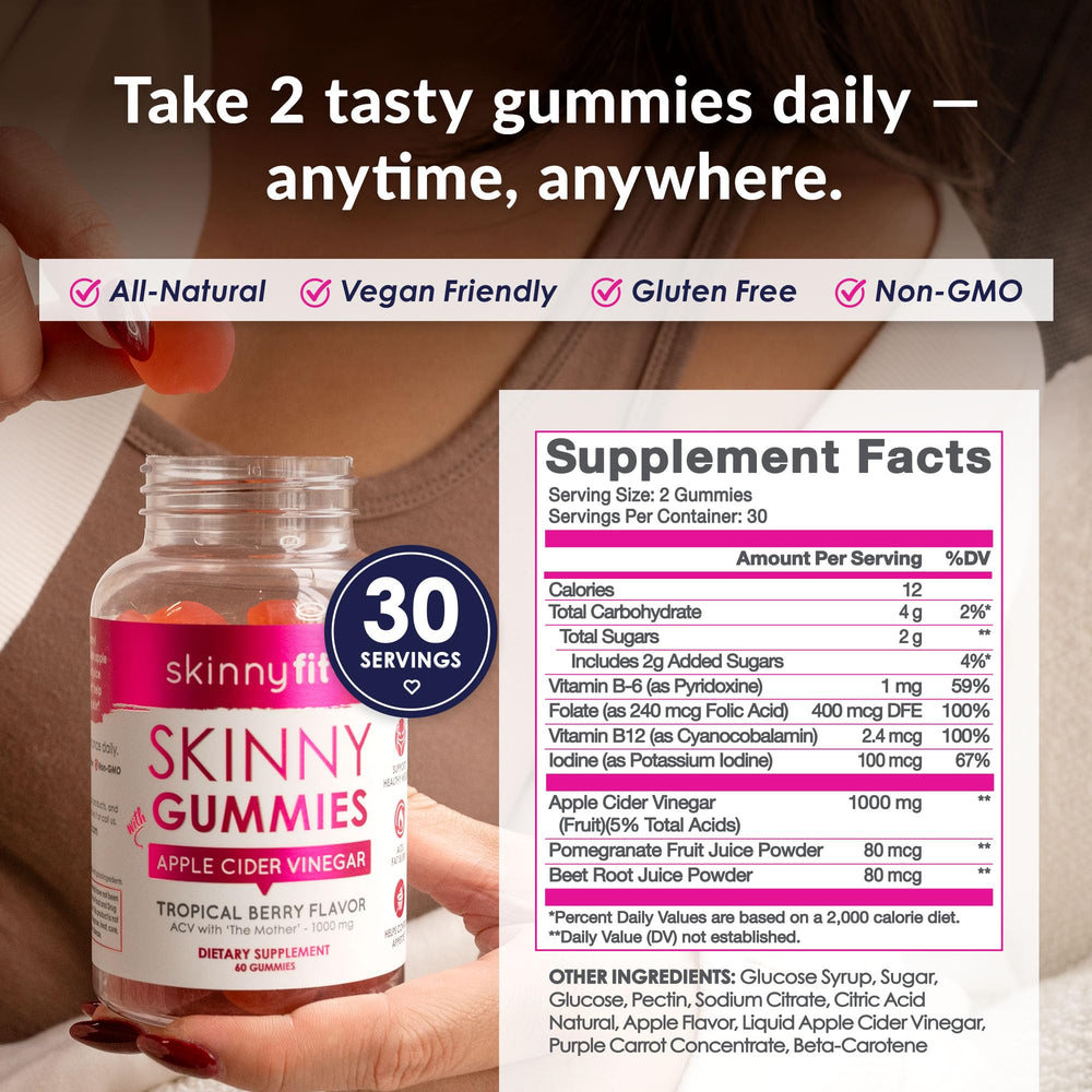 SkinnyFit Vegan-friendly ACV gummies with plant-based sweeteners.